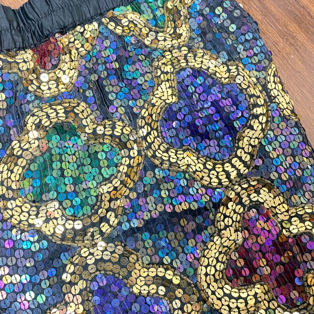 Vintage SNF Silk Sequin Shorts Quatrefoil Flower Glitz Glam Black Gold Peacock - Picture 4 of 7